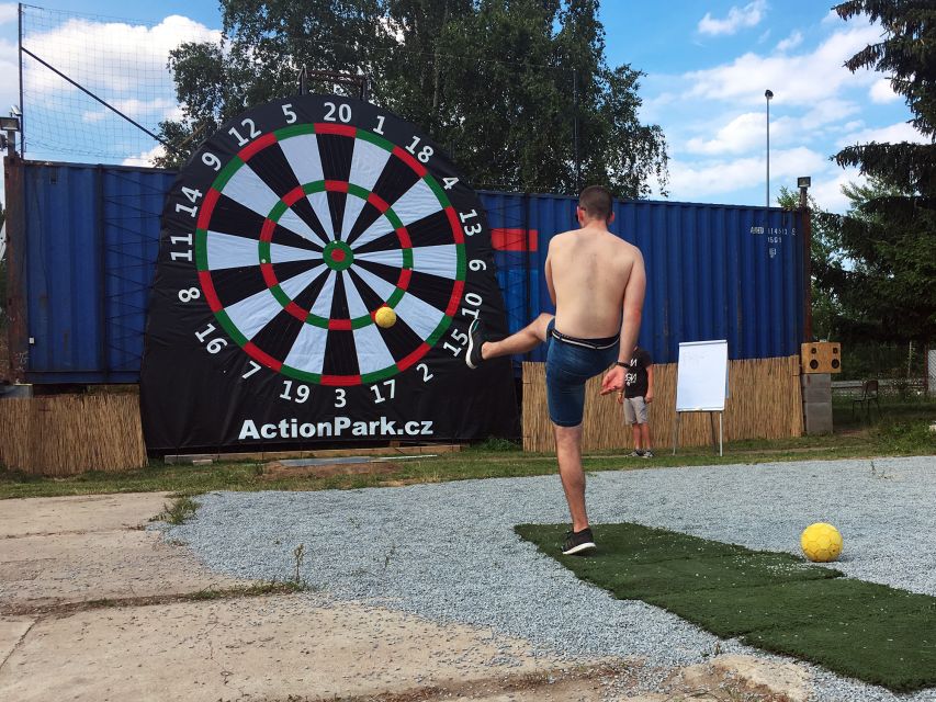 Prague: Giant Football Darts Game with Round of Beers & BBQ - Kicking off with football darts outside Prague